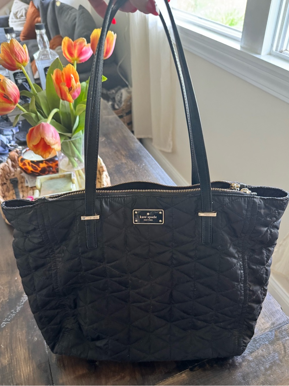 kate spade Quilted Black Tote with Gold Logo Plaque
